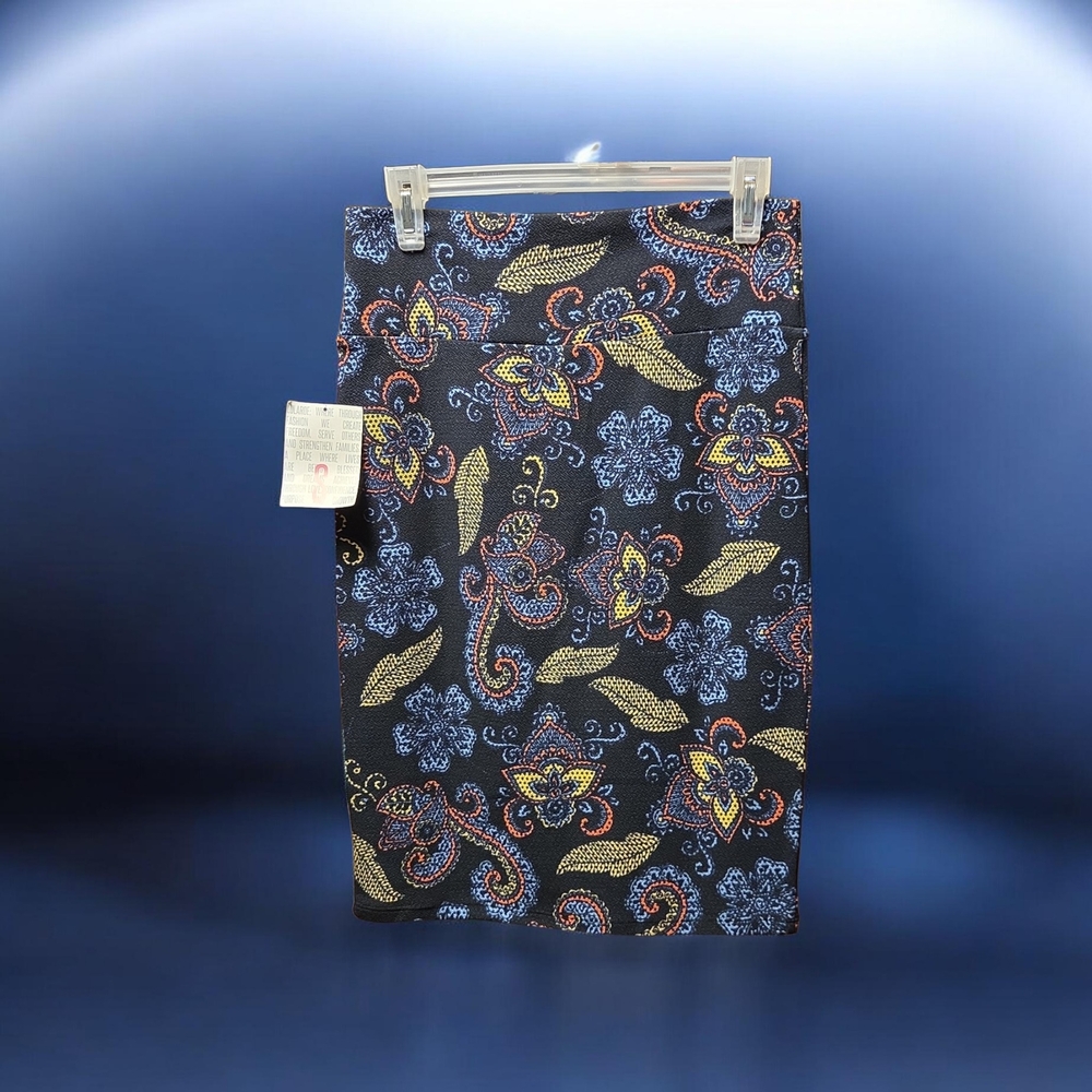 LuLaRoe Black Floral Pencil Skirt with Blue and Yellow Accents